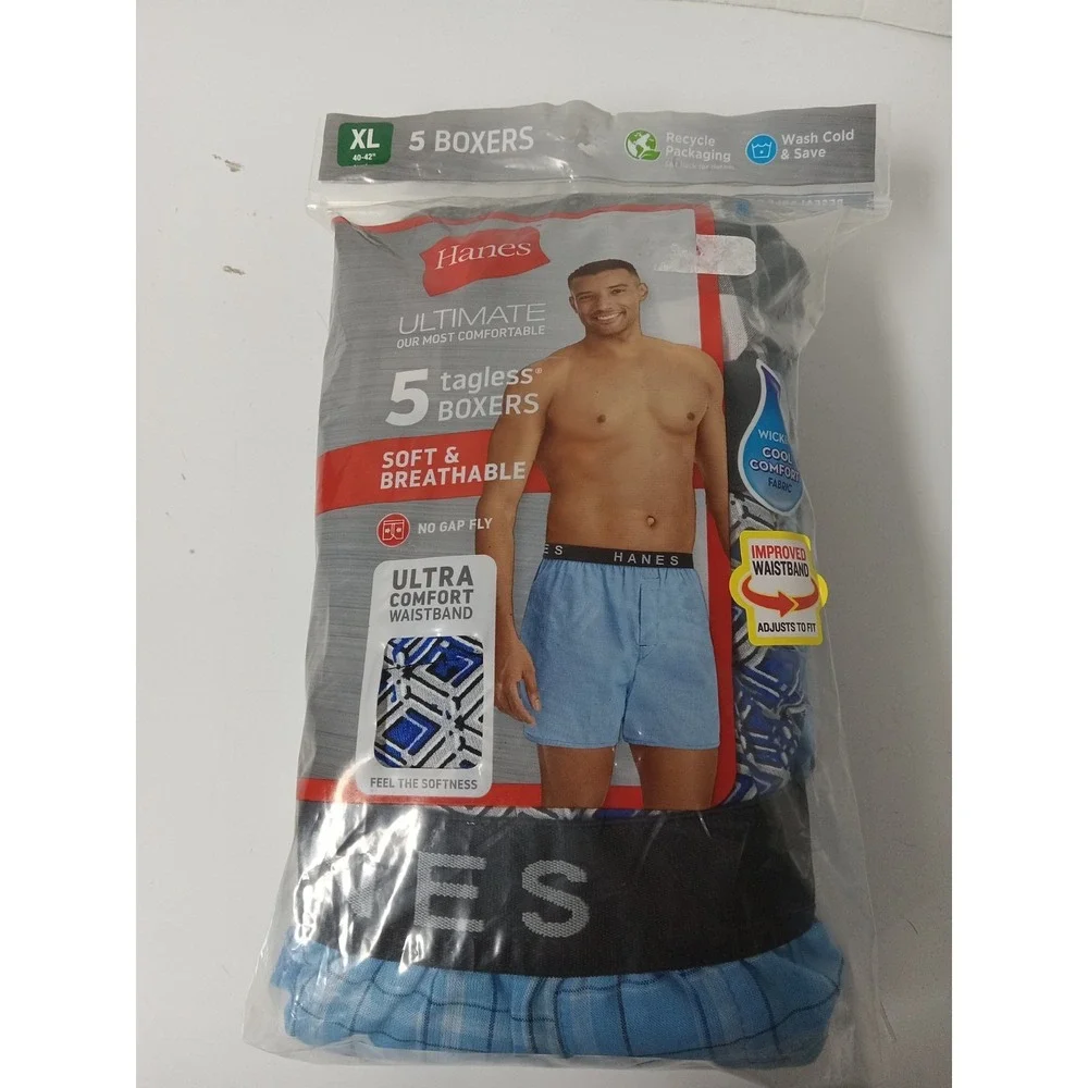 Hanes Men's Boxer Underwear XL 5 Pack Moisture Wicking ComfortFlex 798BP5